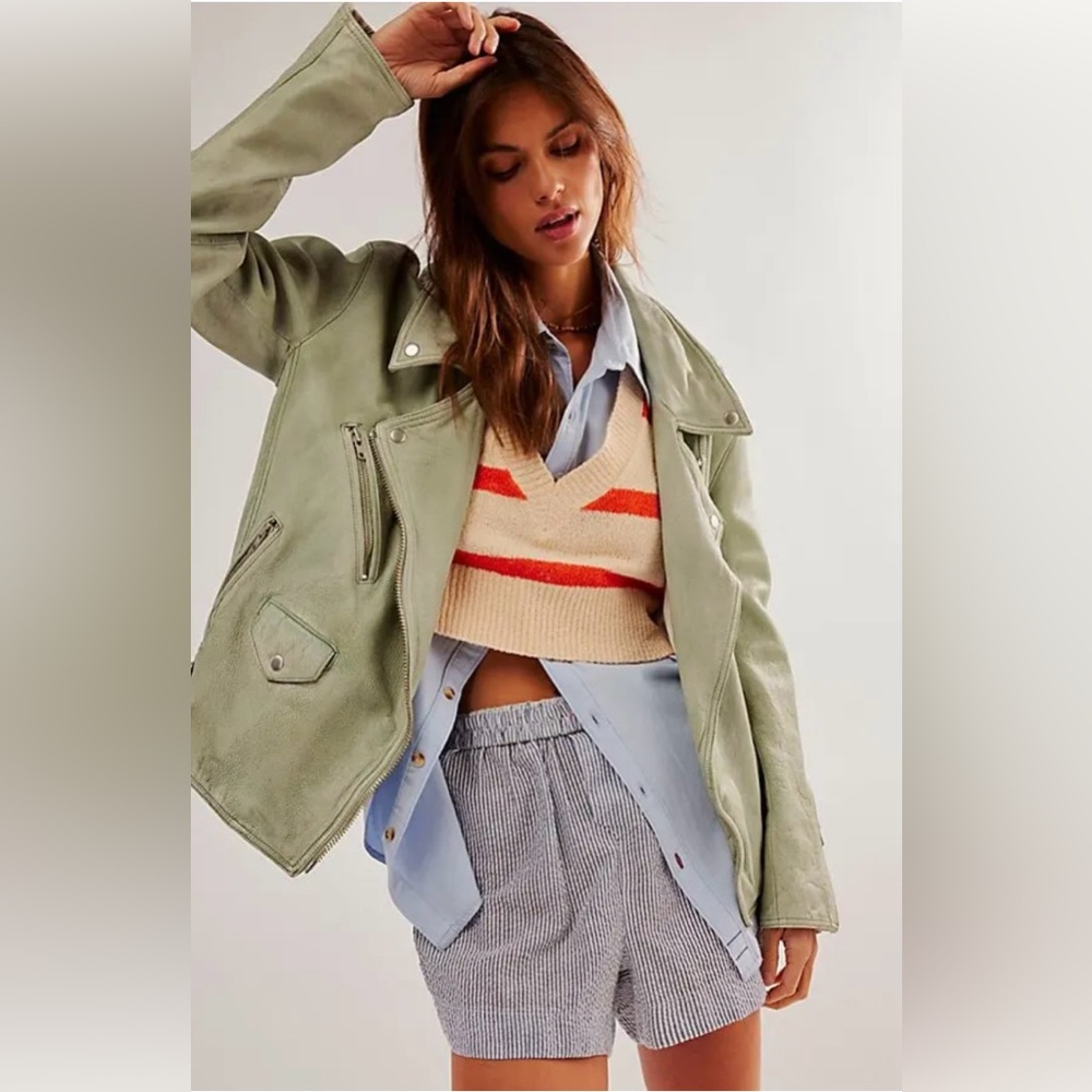 NWT - Free People - We the Free - Jealousy - Leather Moto Jacket - Mineral Sea